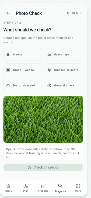 LawnNova Photo Check screen with lawn issue options and photo picker