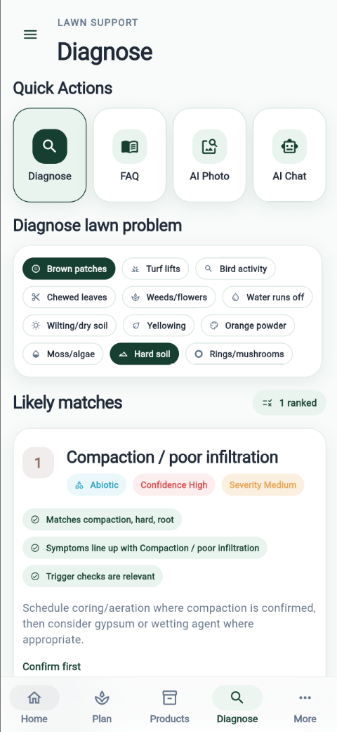 Diagnostics screen for lawn problem matching