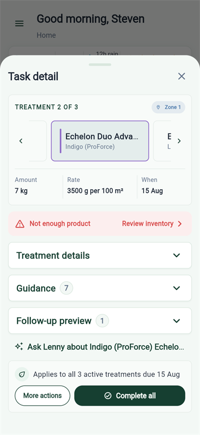 Product-backed treatment task with timing and action controls